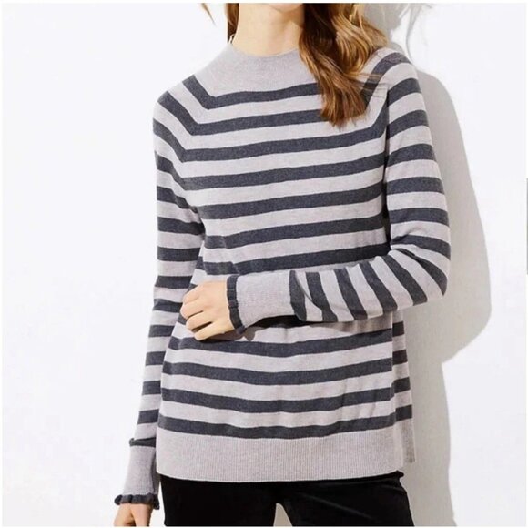 Loft Women's Striped Ruffle Cuff Mock Neck Sweater in size Small NWT MSRP $55 - Picture 1 of 7